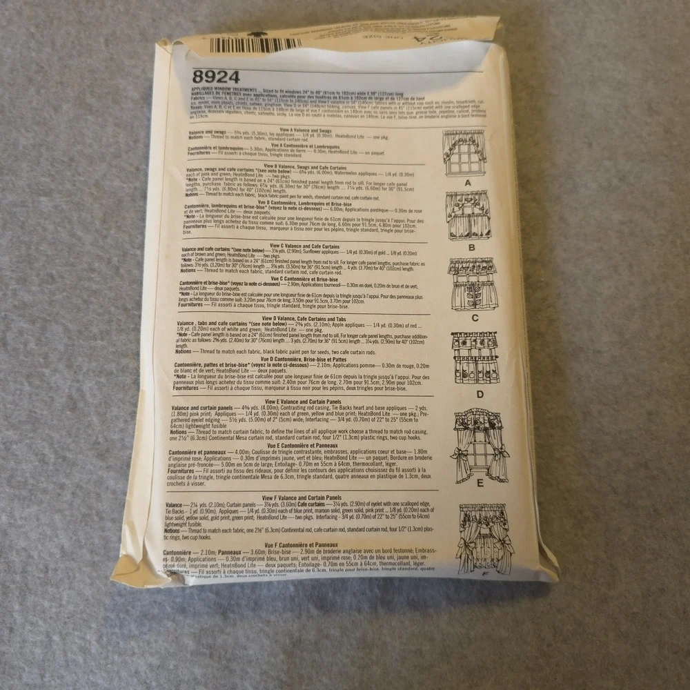Simplicity 8924 Jiffy 6 Pack Window Curtains Uncut
